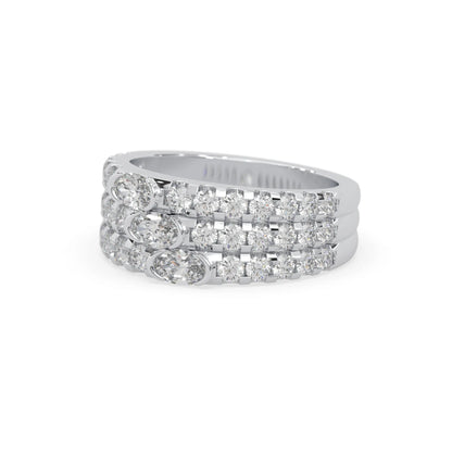 Oval and round three row lab grown diamond pave cocktail ring with pavé detailing in white gold