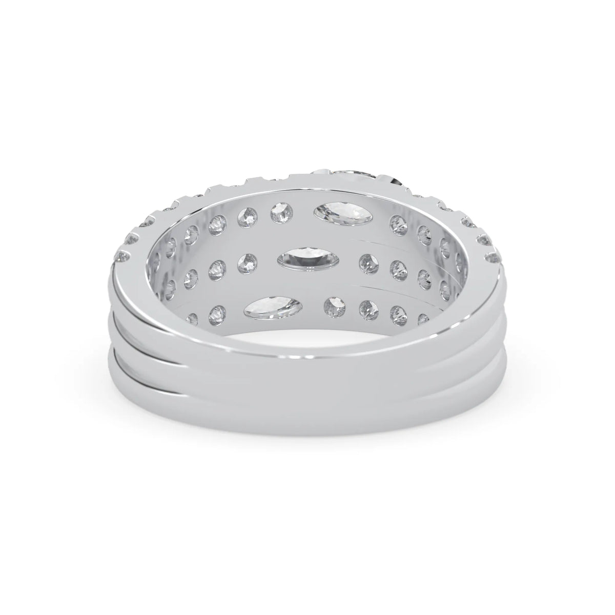 Oval and round three row lab grown diamond pave cocktail ring with pavé detailing in white gold