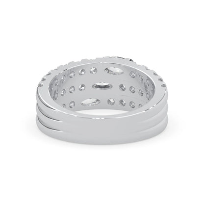 Oval and round three row lab grown diamond pave cocktail ring with pavé detailing in white gold