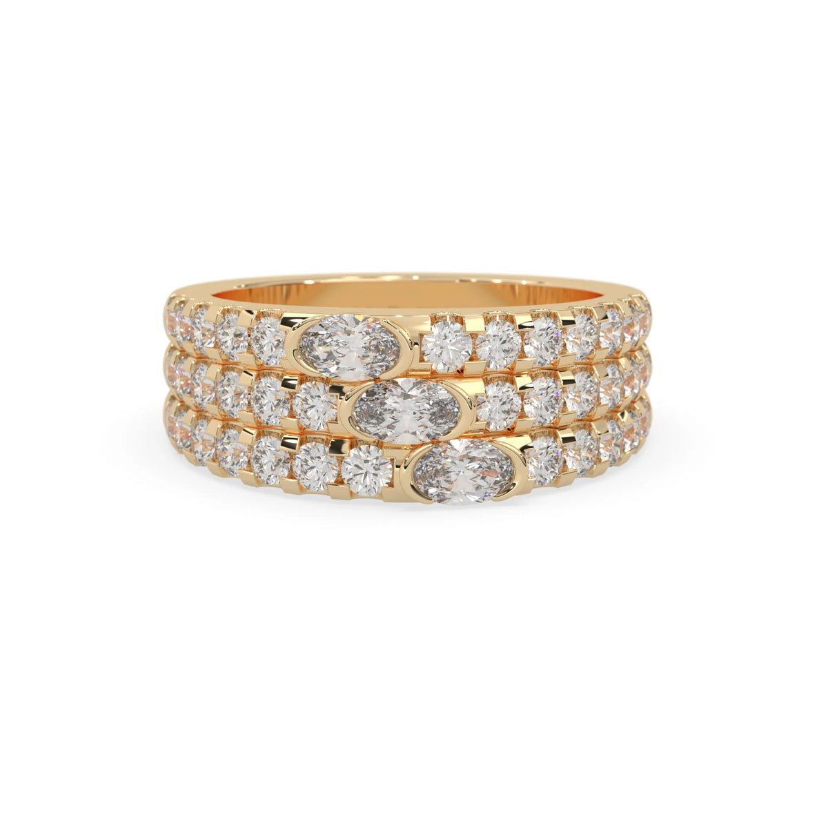 Oval and round three row lab grown diamond pave cocktail ring with pavé detailing in yellow gold