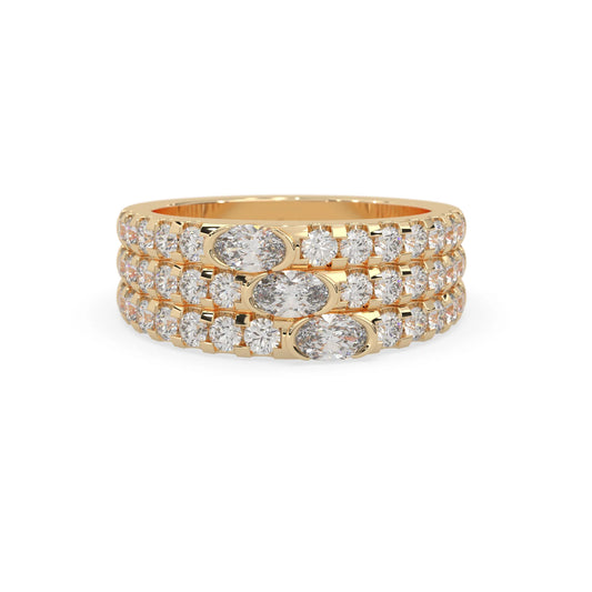 Oval and round three row lab grown diamond pave cocktail ring with pavé detailing in yellow gold