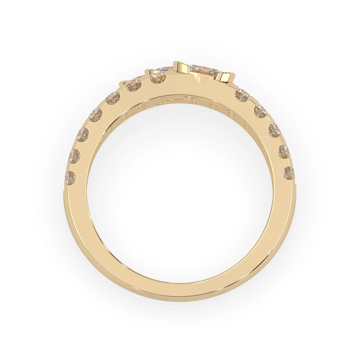 Oval and round three row lab grown diamond pave cocktail ring with pavé detailing in yellow gold