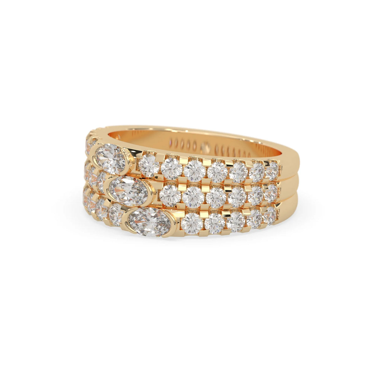 Oval and round three row lab grown diamond pave cocktail ring with pavé detailing in yellow gold