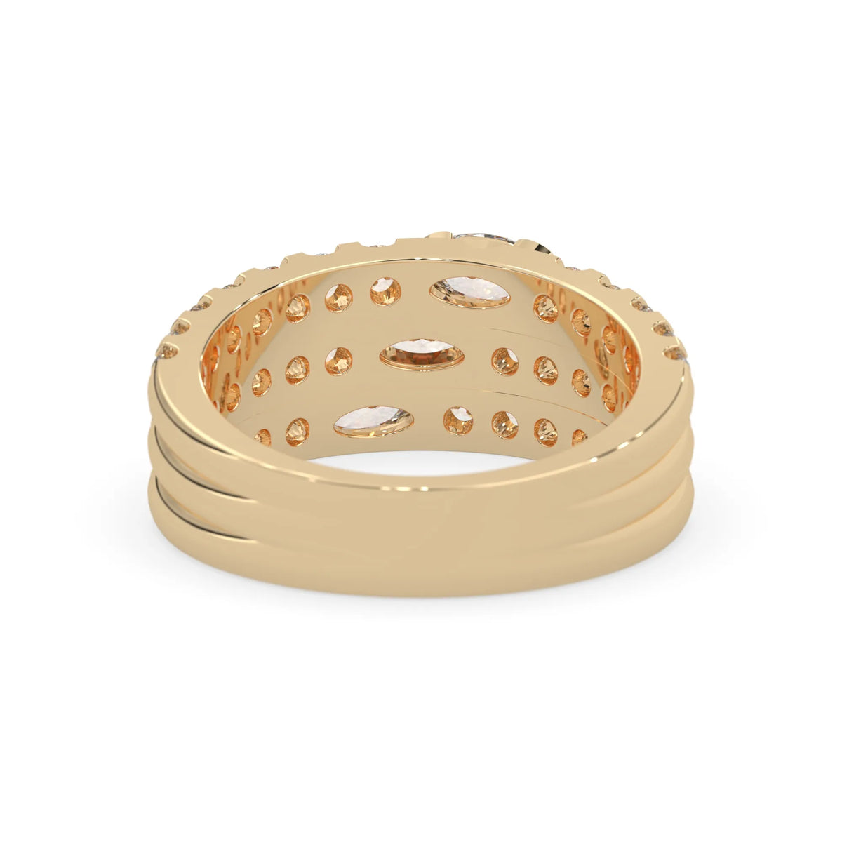 Oval and round three row lab grown diamond pave cocktail ring with pavé detailing in yellow gold