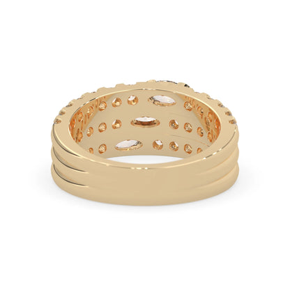 Oval and round three row lab grown diamond pave cocktail ring with pavé detailing in yellow gold