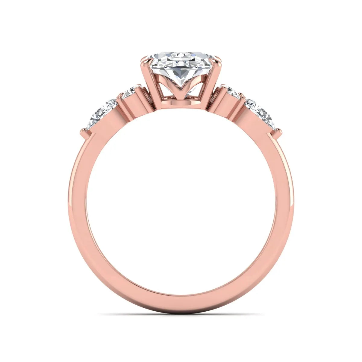 Oval Seven Stone Lab Grown Diamond Engagement Ring featuring a 10.00 × 7.00 mm oval-cut center diamond with round and pear-cut side diamonds in a multi-prong setting in rose gold