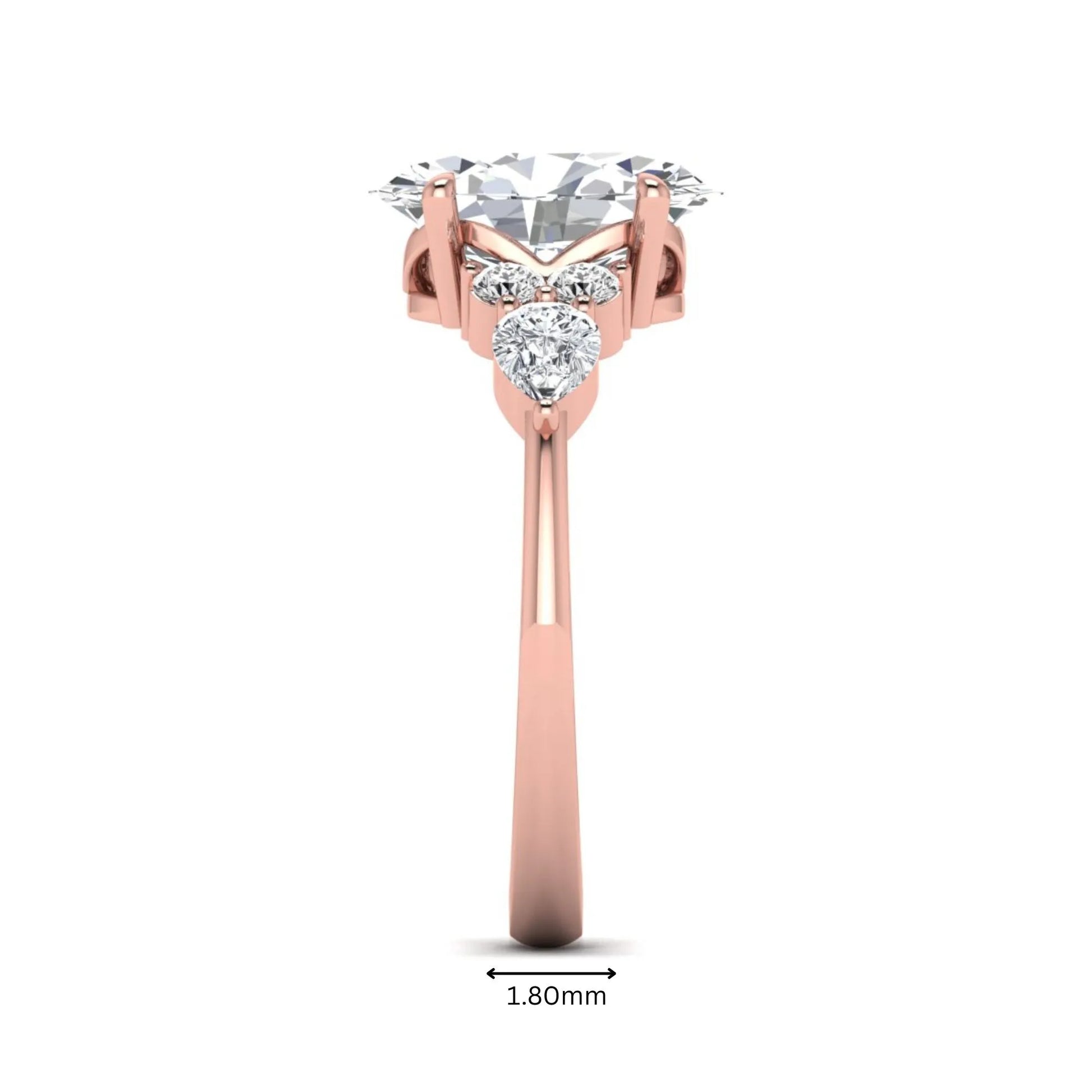 Oval Seven Stone Lab Grown Diamond Engagement Ring featuring a 10.00 × 7.00 mm oval-cut center diamond with round and pear-cut side diamonds in a multi-prong setting in rose gold