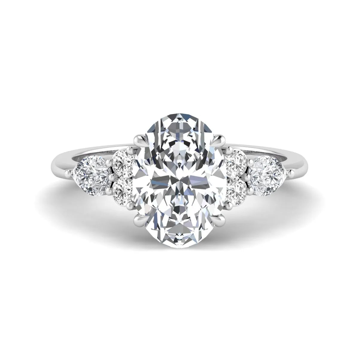 Oval Seven Stone Lab Grown Diamond Engagement Ring featuring a 10.00 × 7.00 mm oval-cut center diamond with round and pear-cut side diamonds in a multi-prong setting in white gold