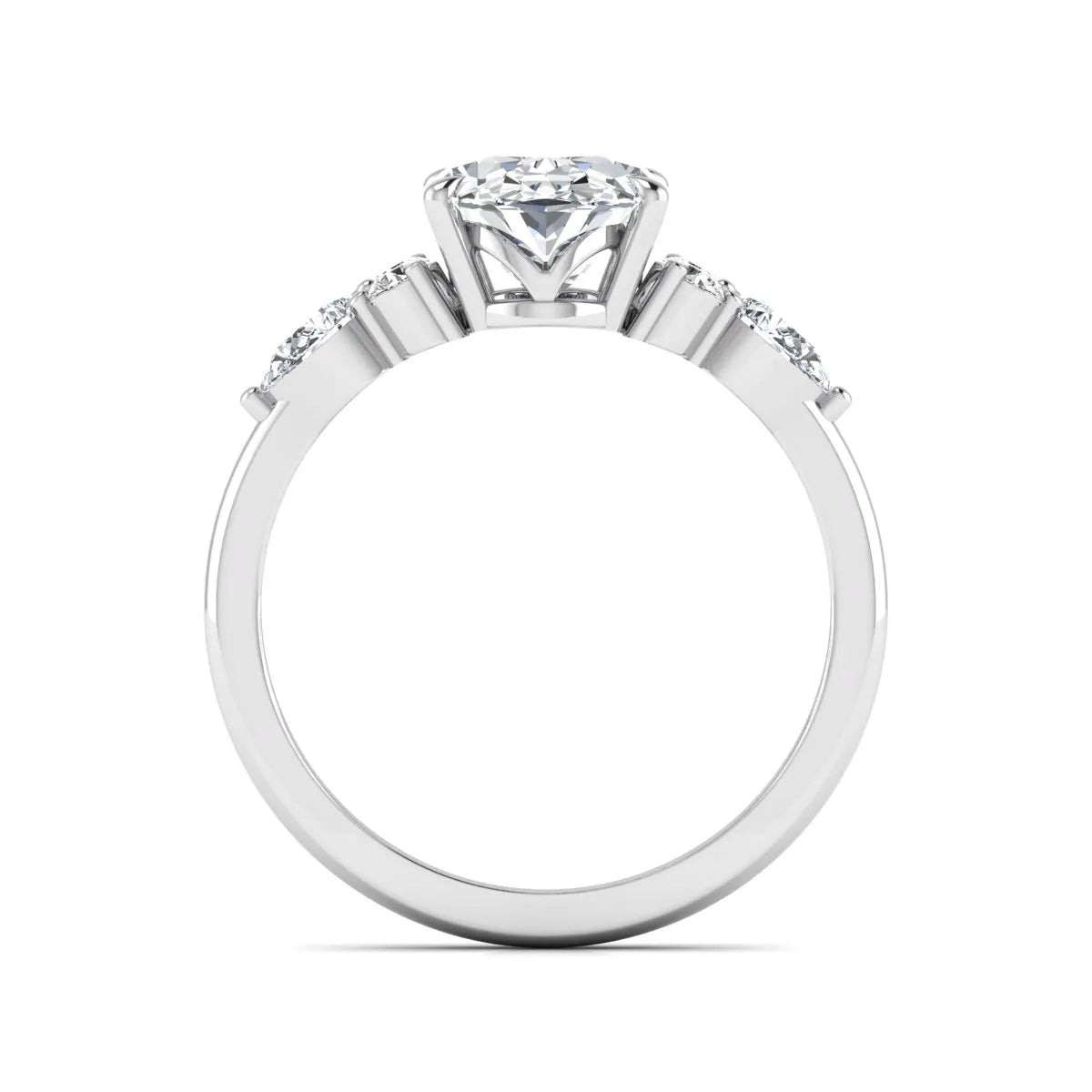 Oval Seven Stone Lab Grown Diamond Engagement Ring featuring a 10.00 × 7.00 mm oval-cut center diamond with round and pear-cut side diamonds in a multi-prong setting in white gold