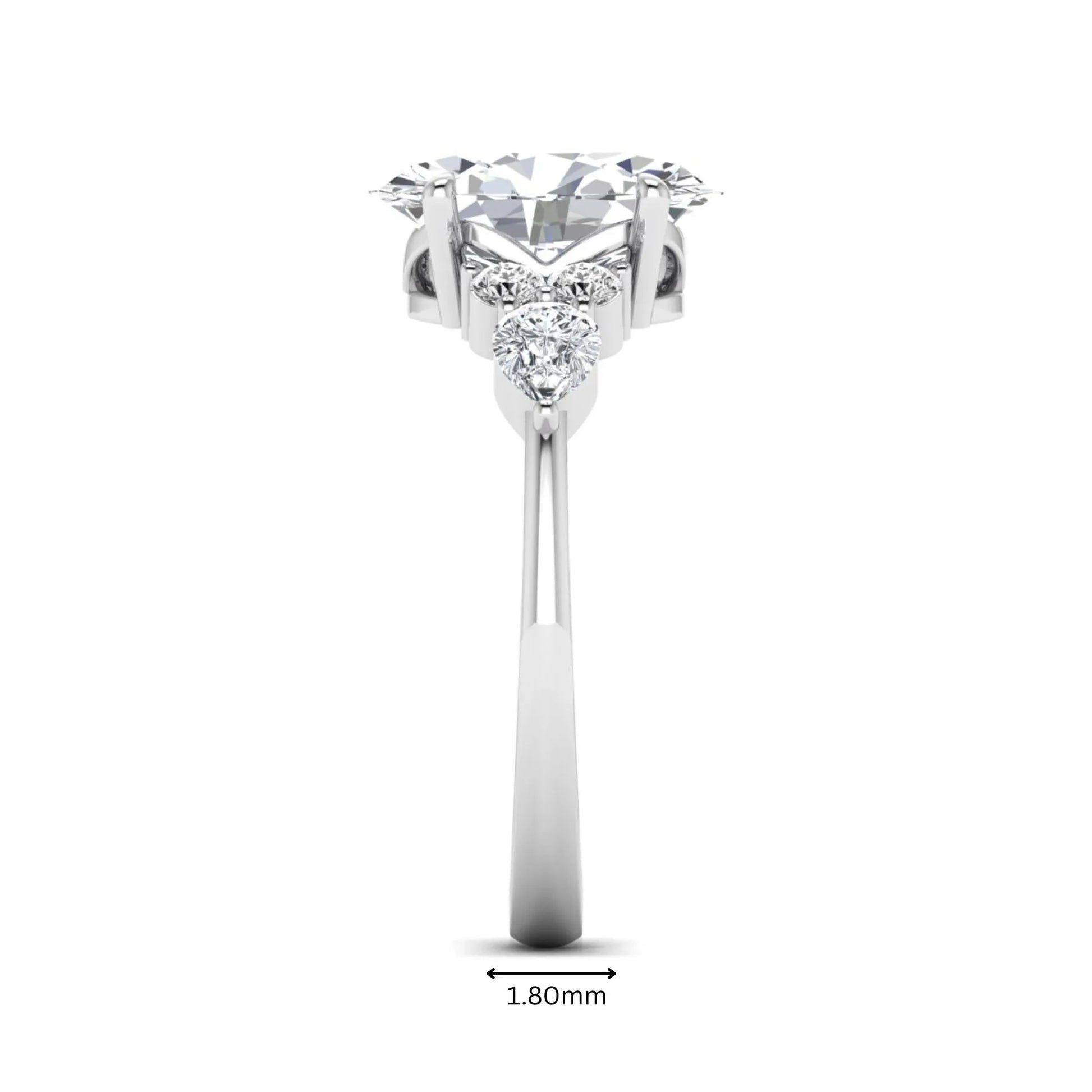 Oval Seven Stone Lab Grown Diamond Engagement Ring featuring a 10.00 × 7.00 mm oval-cut center diamond with round and pear-cut side diamonds in a multi-prong setting in white gold