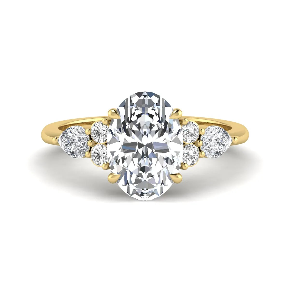 Oval Seven Stone Lab Grown Diamond Engagement Ring featuring a 10.00 × 7.00 mm oval-cut center diamond with round and pear-cut side diamonds in a multi-prong setting in yellow gold
