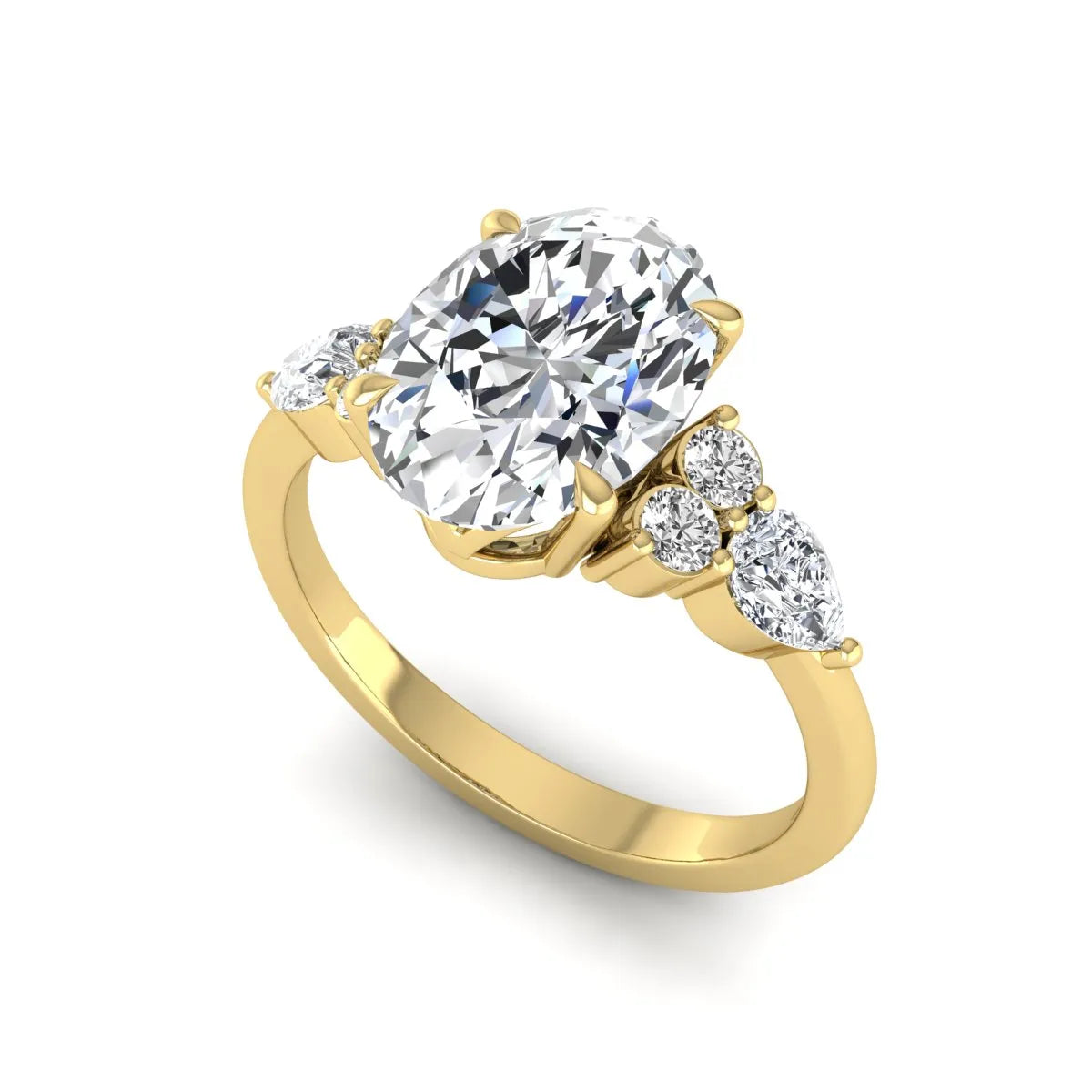 Oval Seven Stone Lab Grown Diamond Engagement Ring featuring a 10.00 × 7.00 mm oval-cut center diamond with round and pear-cut side diamonds in a multi-prong setting in yellow gold