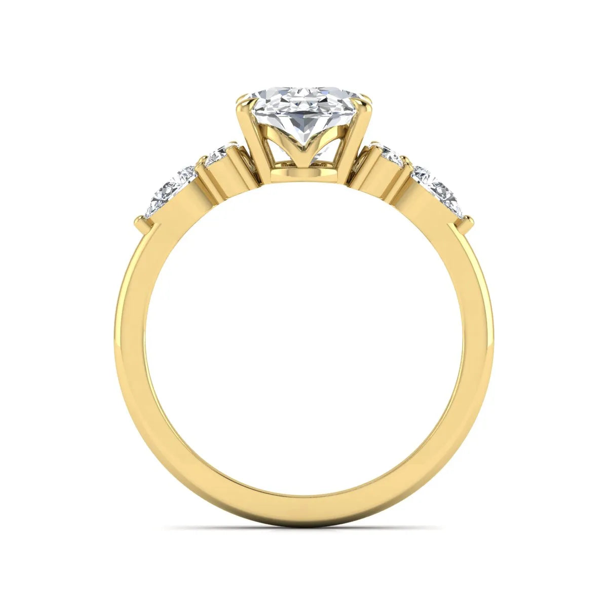 Oval Seven Stone Lab Grown Diamond Engagement Ring featuring a 10.00 × 7.00 mm oval-cut center diamond with round and pear-cut side diamonds in a multi-prong setting in yellow gold