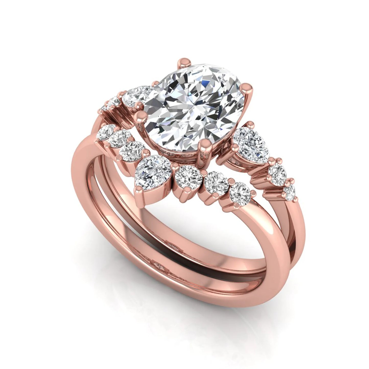 Oval cut lab grown diamond bridal ring set with pear and round side diamonds in rose gold tone