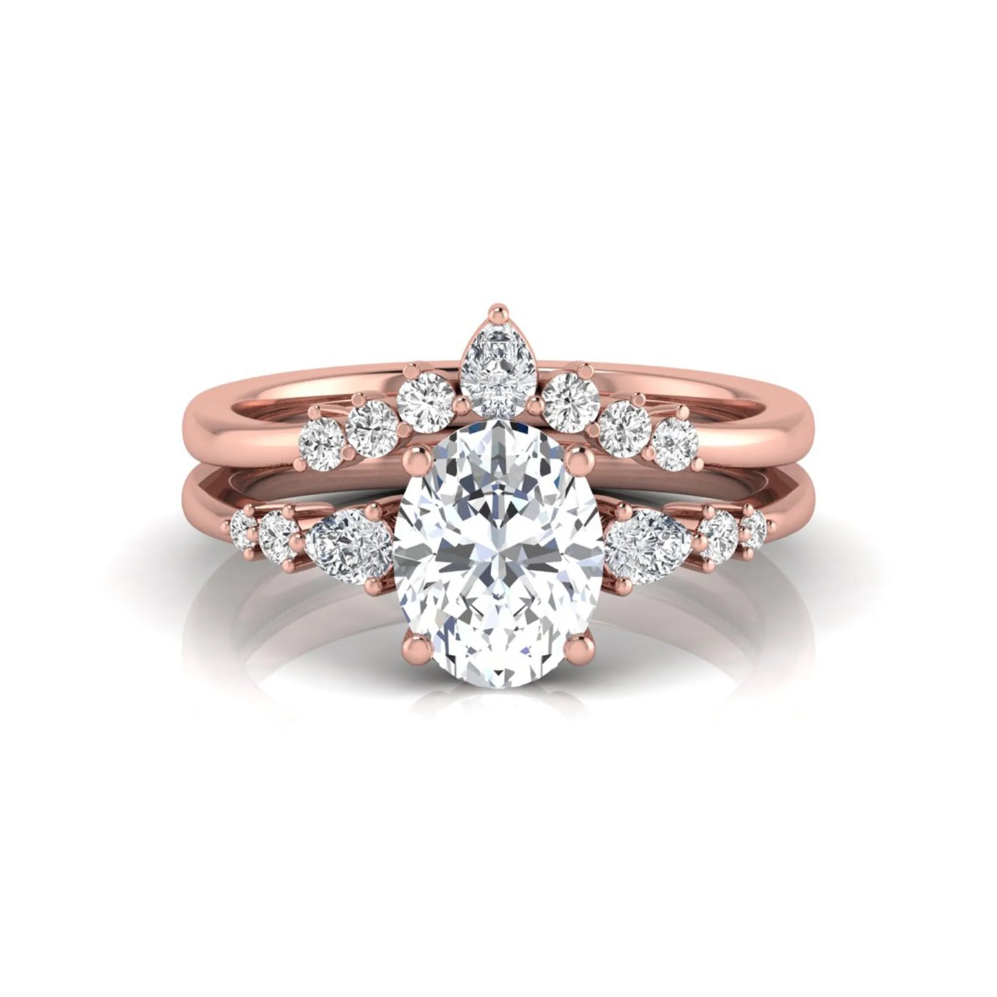 Oval cut lab grown diamond bridal ring set with pear and round side diamonds in rose gold tone
