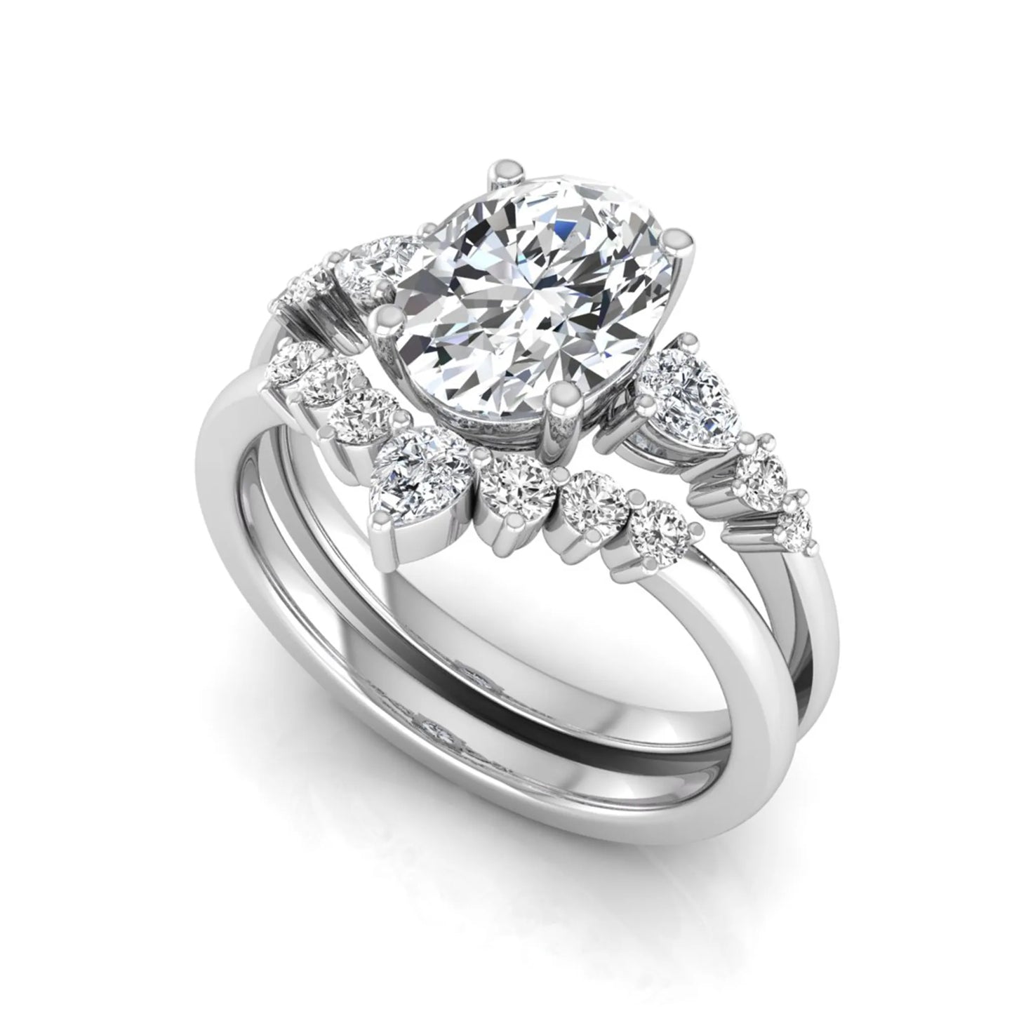 Oval cut lab grown diamond bridal ring set with pear and round side diamonds in white gold tone