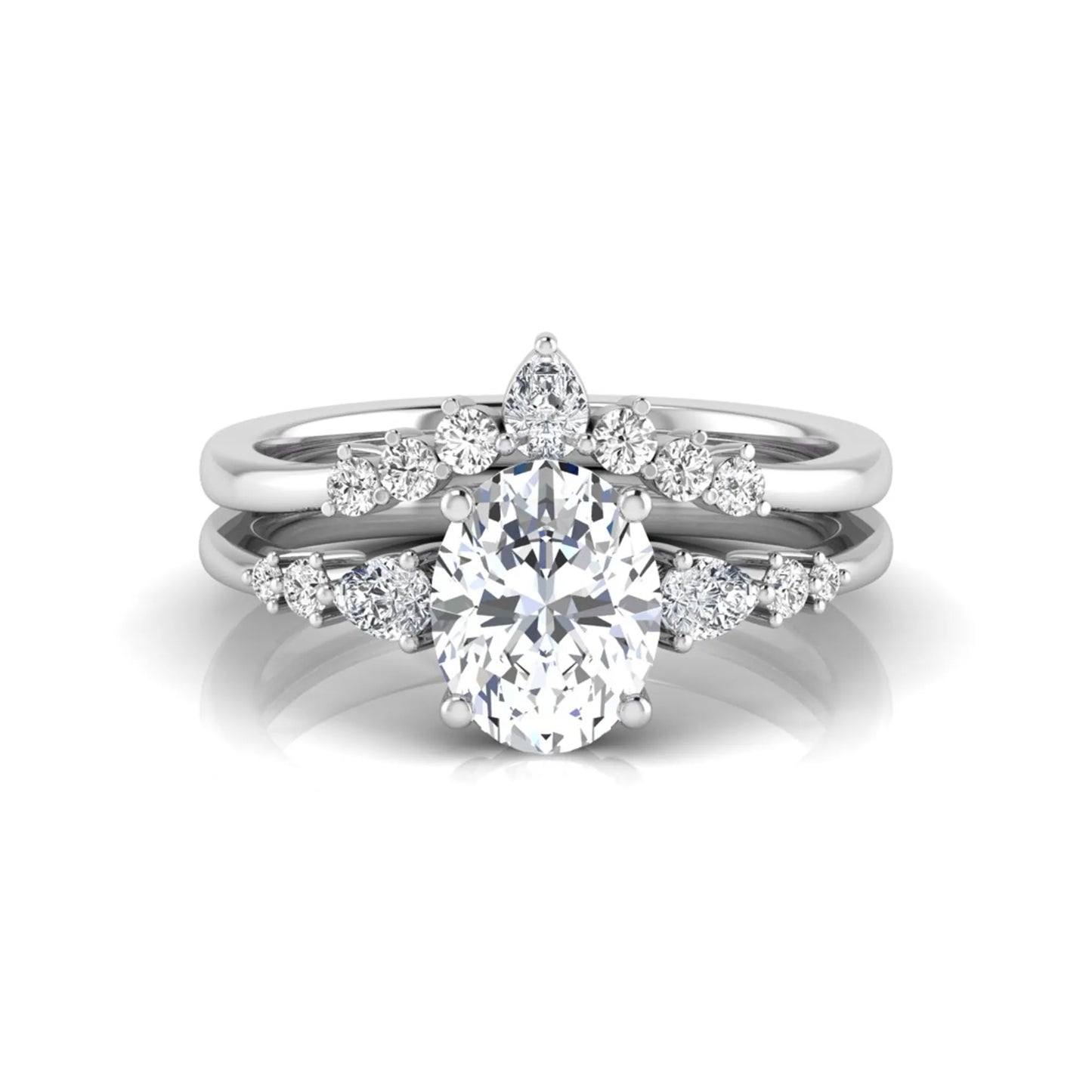 Oval cut lab grown diamond bridal ring set with pear and round side diamonds in white gold tone