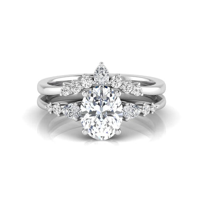 Oval cut lab grown diamond bridal ring set with pear and round side diamonds in white gold tone