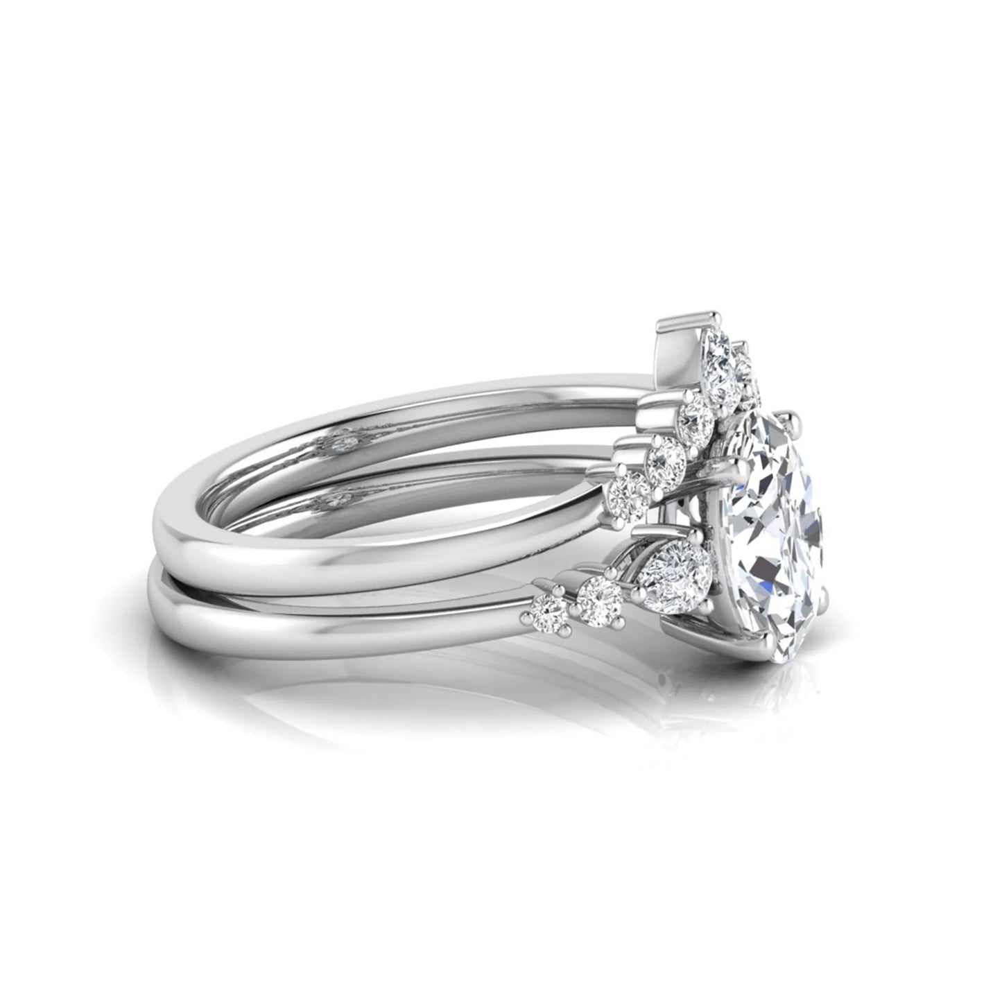 Oval cut lab grown diamond bridal ring set with pear and round side diamonds in white gold tone
