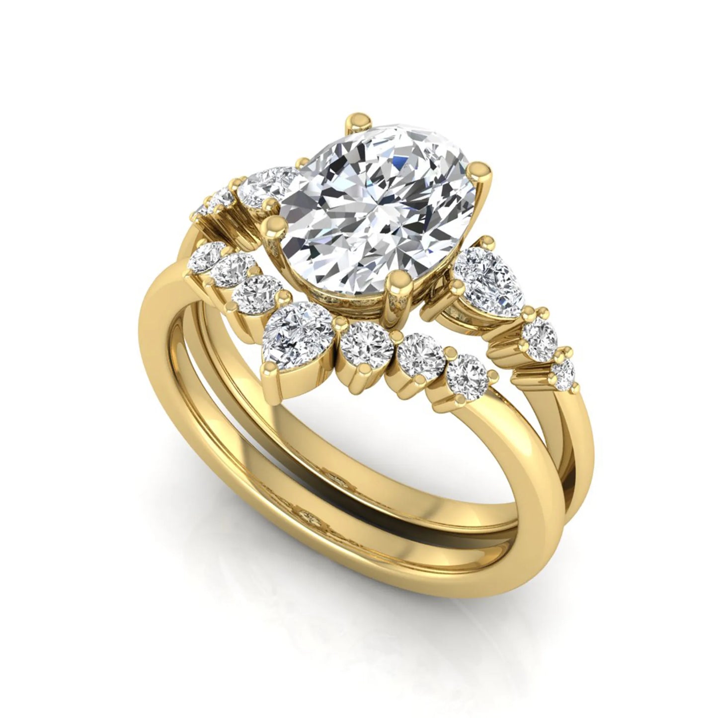 Oval cut lab grown diamond bridal ring set with pear and round side diamonds in yellow gold tone