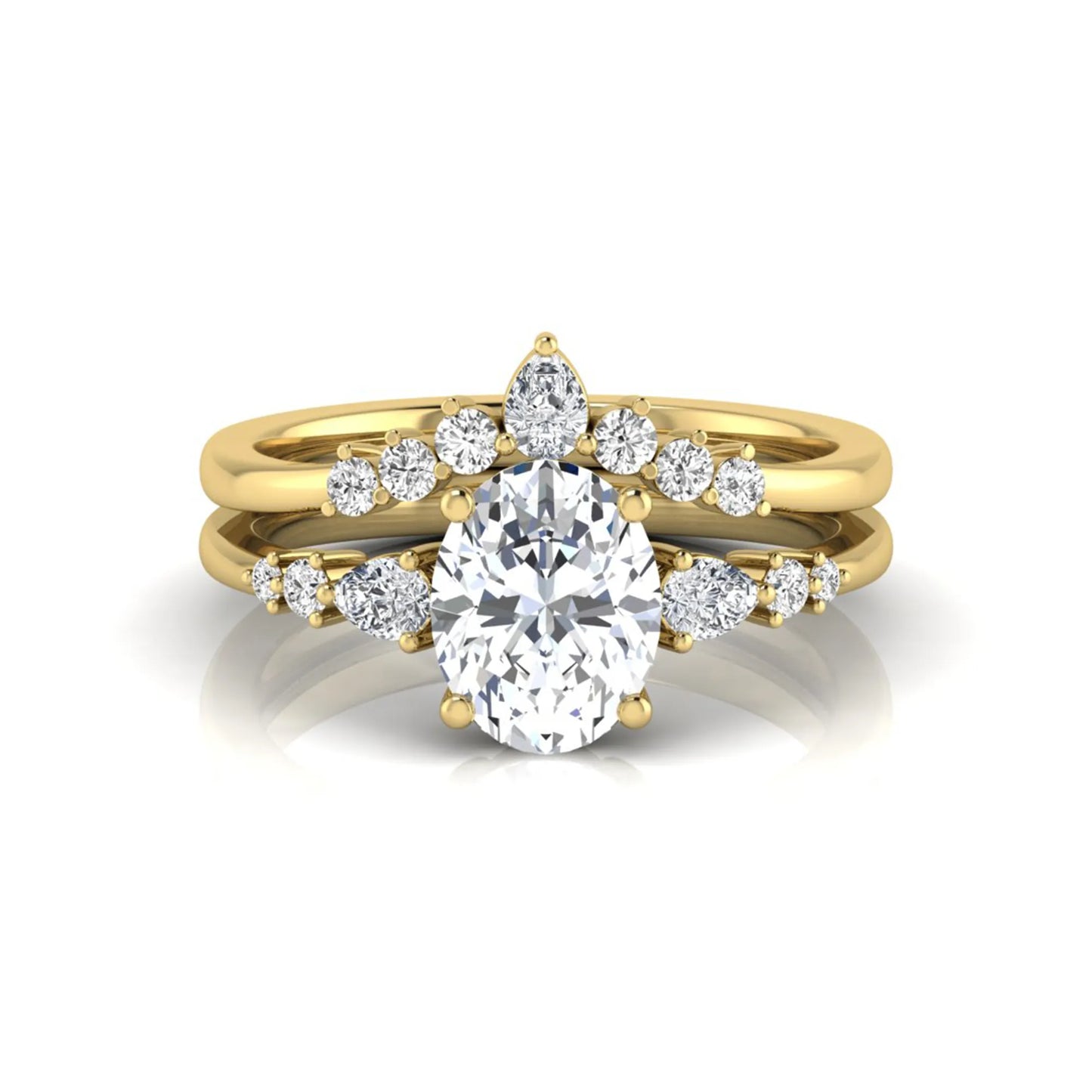 Oval cut lab grown diamond bridal ring set with pear and round side diamonds in yellow gold tone