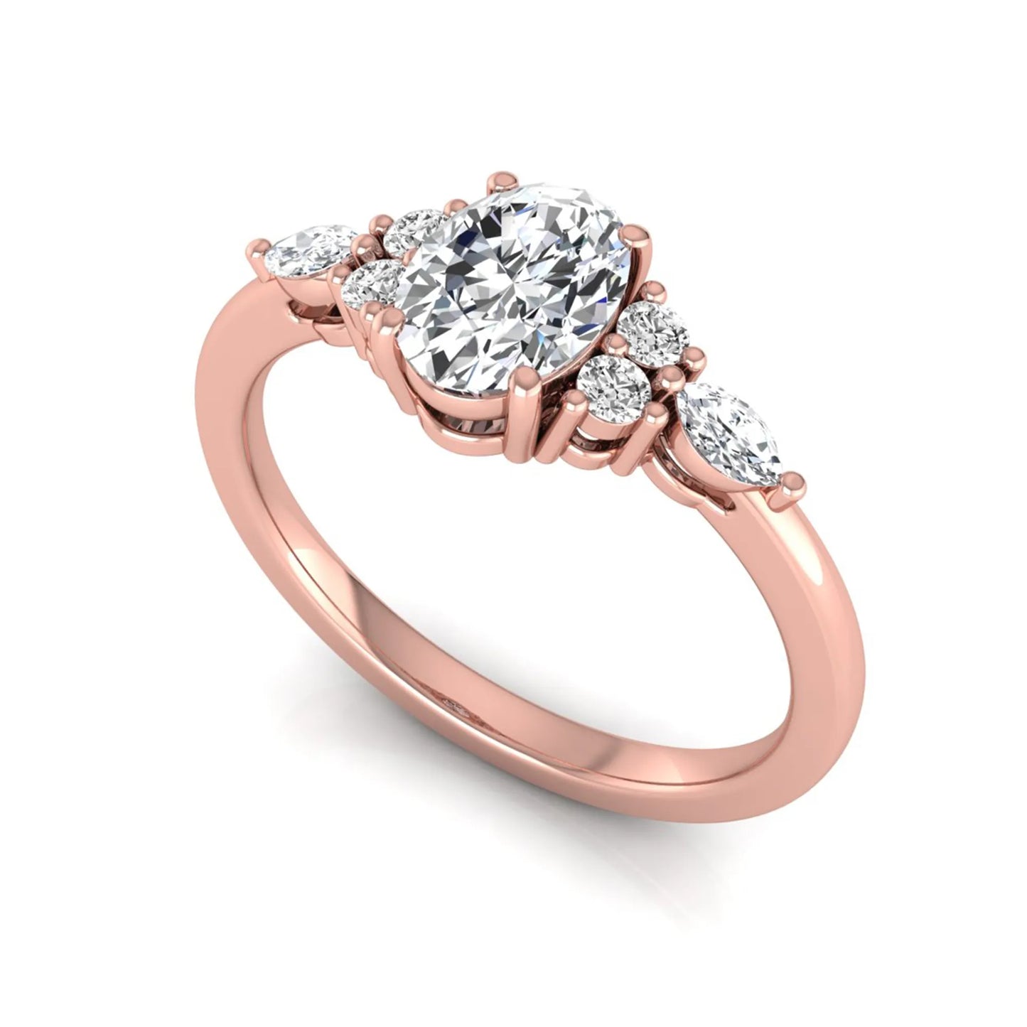 Oval cut lab grown diamond engagement ring with marquise and round side diamonds in rose gold tone