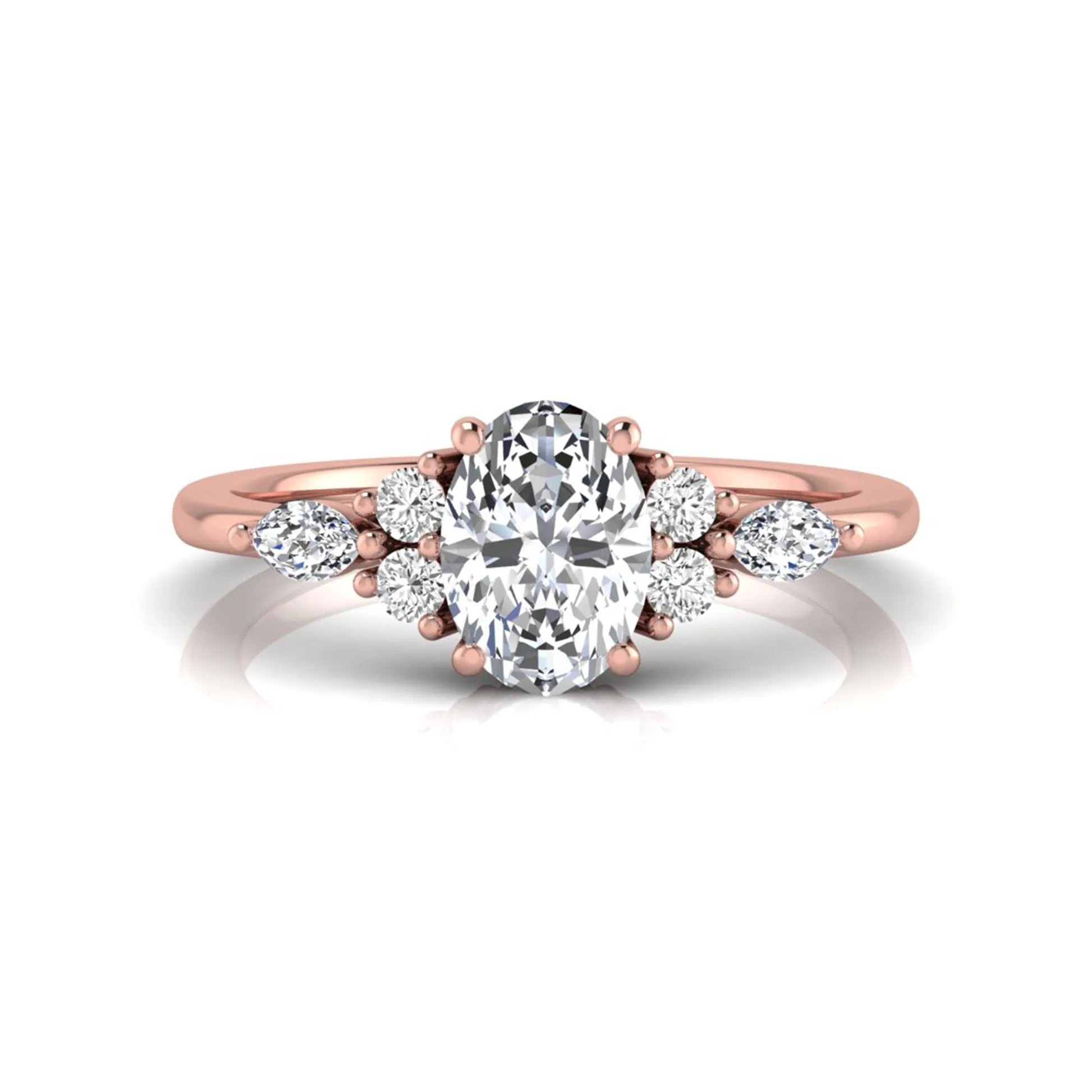 Oval cut lab grown diamond engagement ring with marquise and round side diamonds in rose gold tone