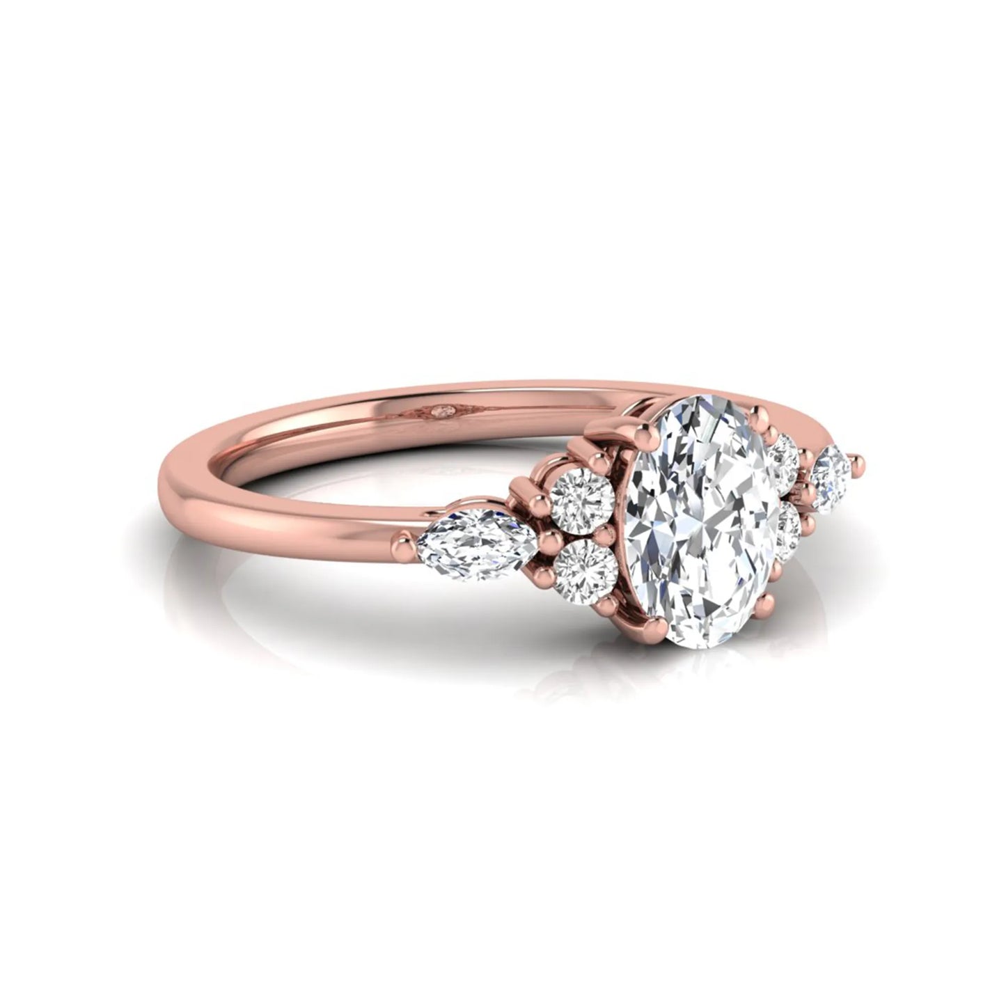 Oval cut lab grown diamond engagement ring with marquise and round side diamonds in rose gold tone