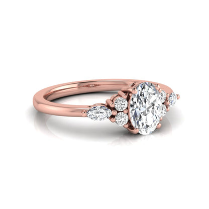 Oval cut lab grown diamond engagement ring with marquise and round side diamonds in rose gold tone