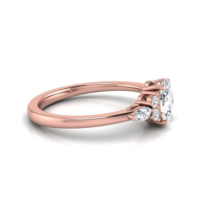 Oval cut lab grown diamond engagement ring with marquise and round side diamonds in rose gold tone