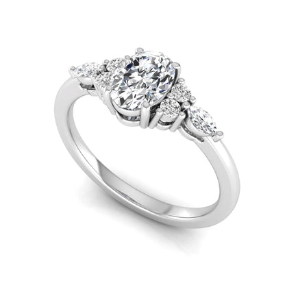 Oval cut lab grown diamond engagement ring with marquise and round side diamonds in white gold tone