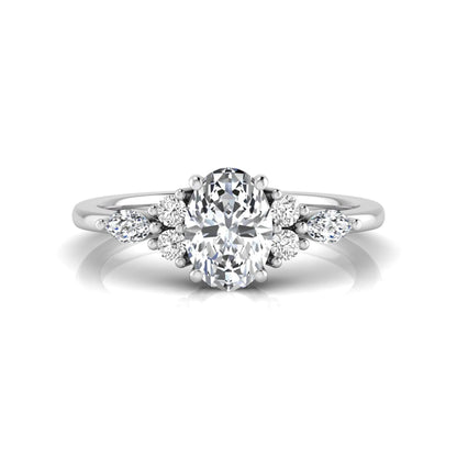 Oval cut lab grown diamond engagement ring with marquise and round side diamonds in white gold tone