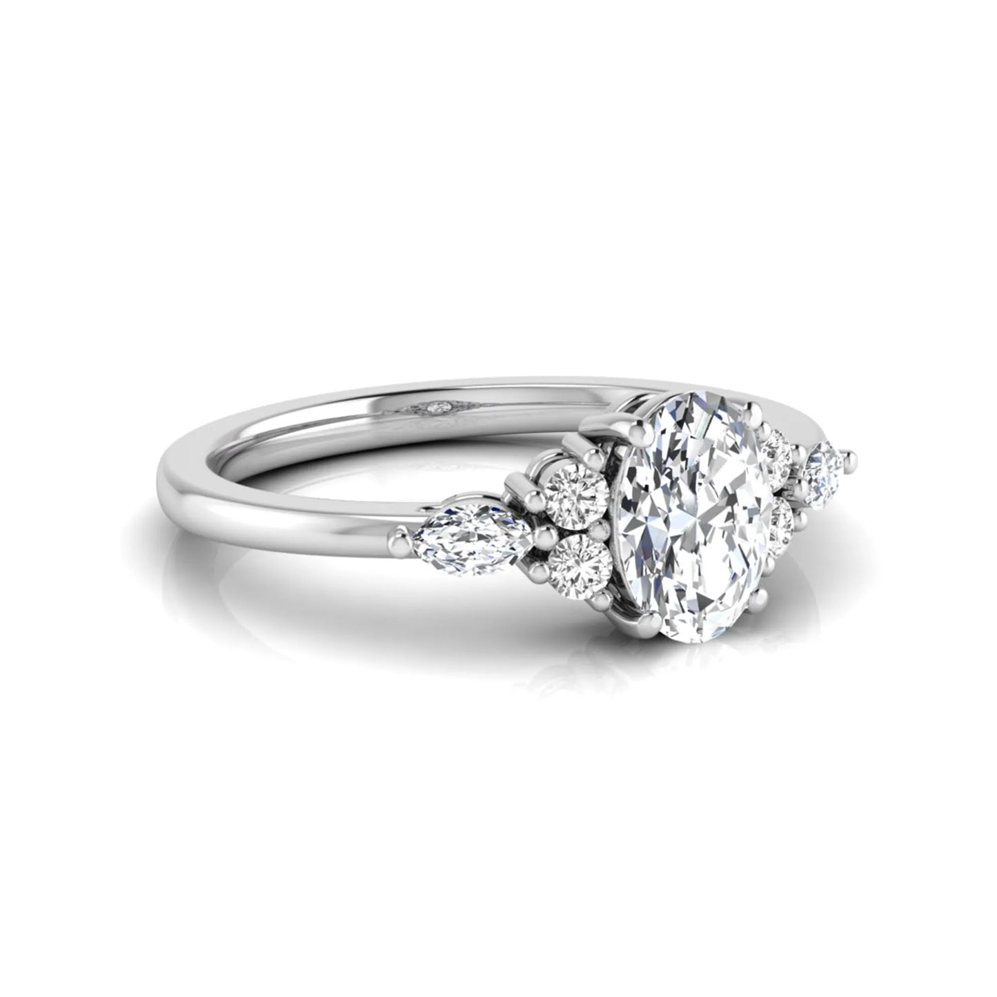 Oval cut lab grown diamond engagement ring with marquise and round side diamonds in white gold tone