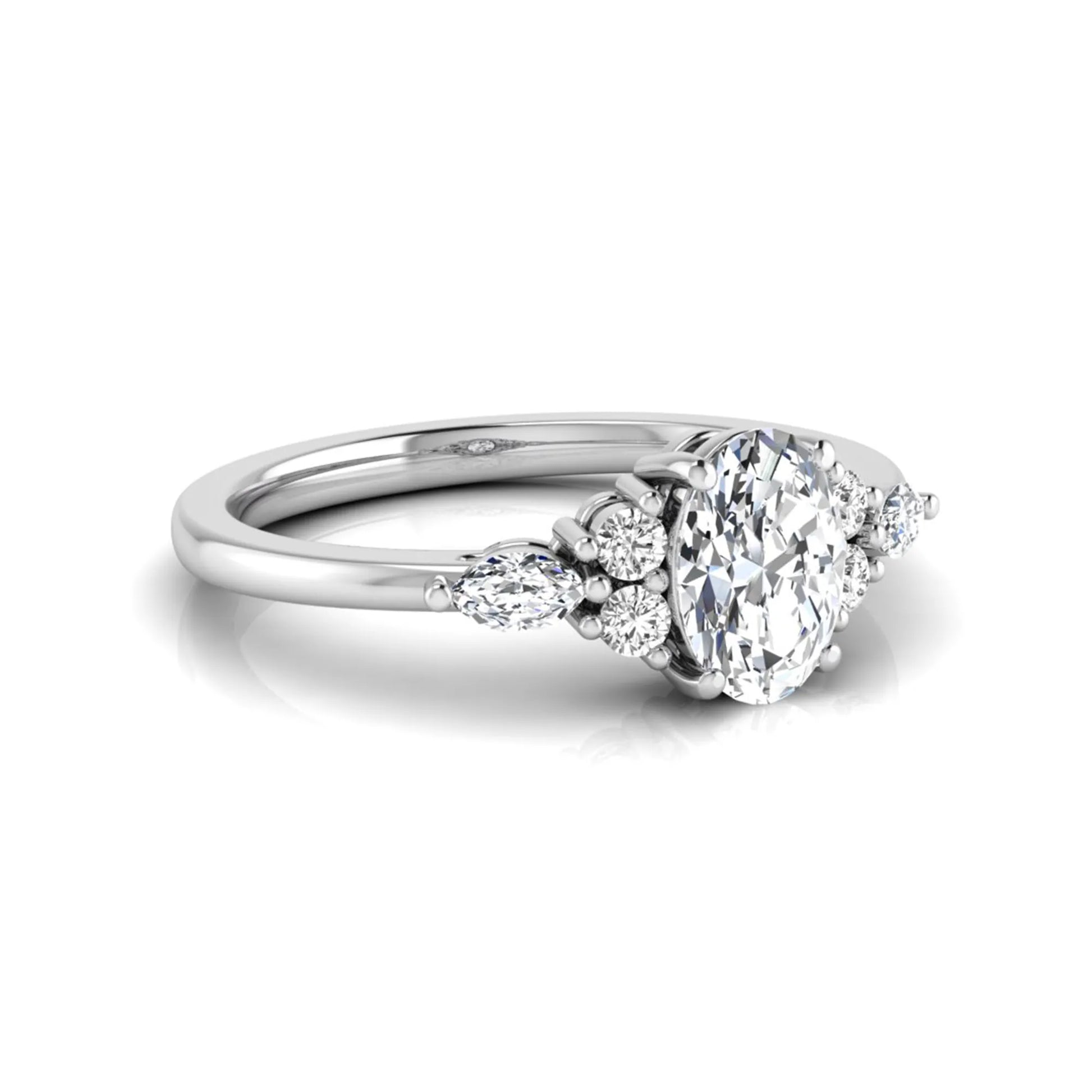 Oval cut lab grown diamond engagement ring with marquise and round side diamonds in white gold tone