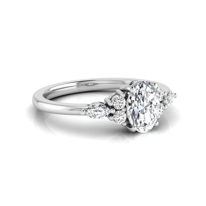 Oval cut lab grown diamond engagement ring with marquise and round side diamonds in white gold tone