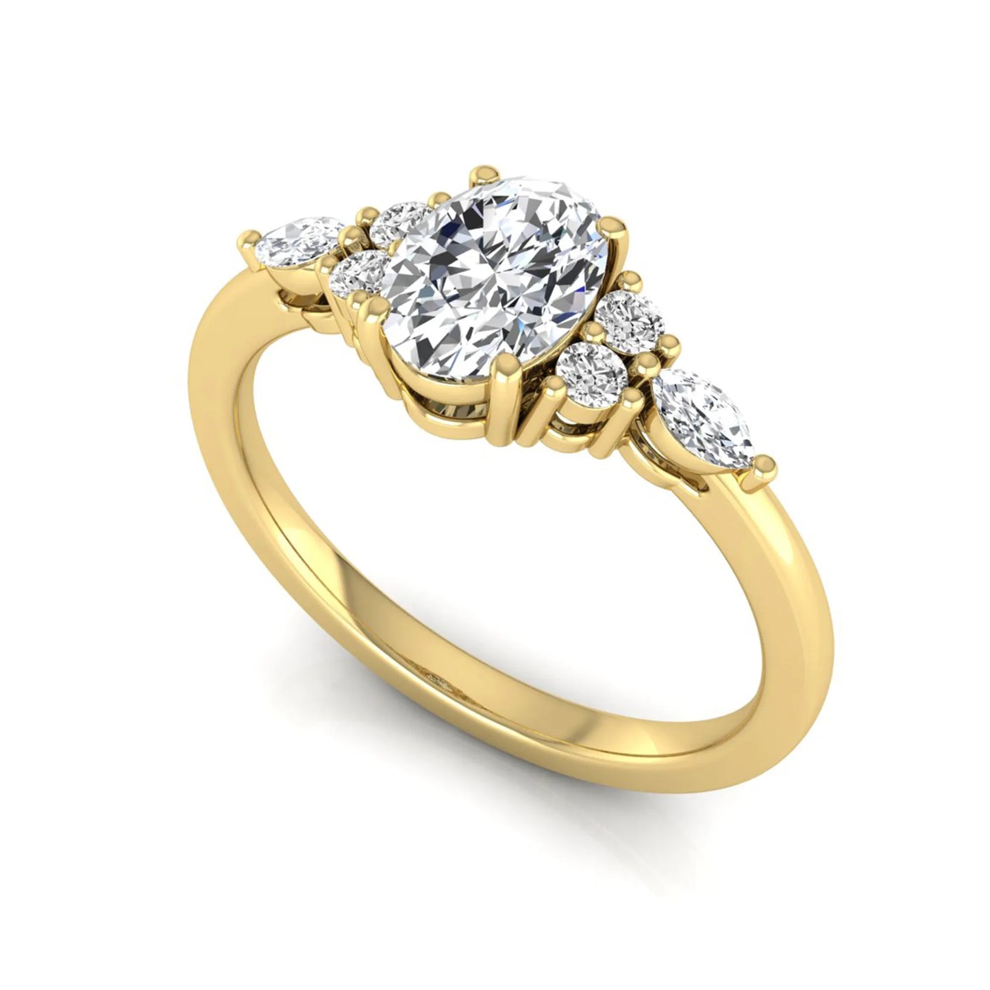 Oval cut lab grown diamond engagement ring with marquise and round side diamonds in white gold tone