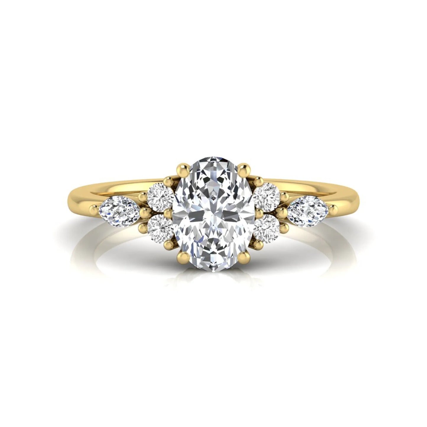 Oval cut lab grown diamond engagement ring with marquise and round side diamonds in yellow gold tone