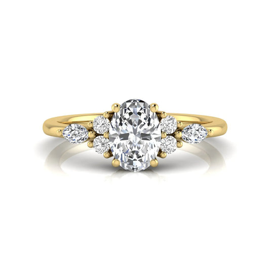 Oval cut lab grown diamond engagement ring with marquise and round side diamonds in yellow gold tone