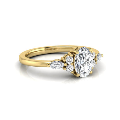 Oval cut lab grown diamond engagement ring with marquise and round side diamonds in yellow gold tone