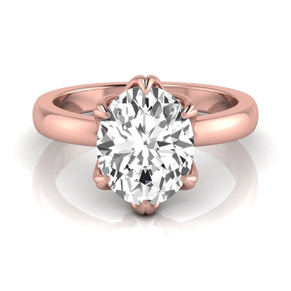 Oval six prong lab grown diamond solitaire engagement ring featuring a 2.54 carat oval center diamond with hidden round accent diamonds beneath the gallery.