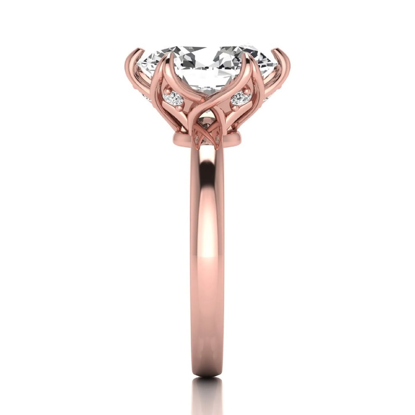 Oval six prong lab grown diamond solitaire engagement ring featuring a 2.54 carat oval center diamond with hidden round accent diamonds beneath the gallery.