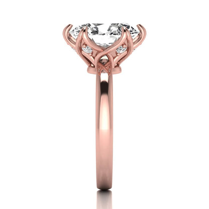 Oval six prong lab grown diamond solitaire engagement ring featuring a 2.54 carat oval center diamond with hidden round accent diamonds beneath the gallery.
