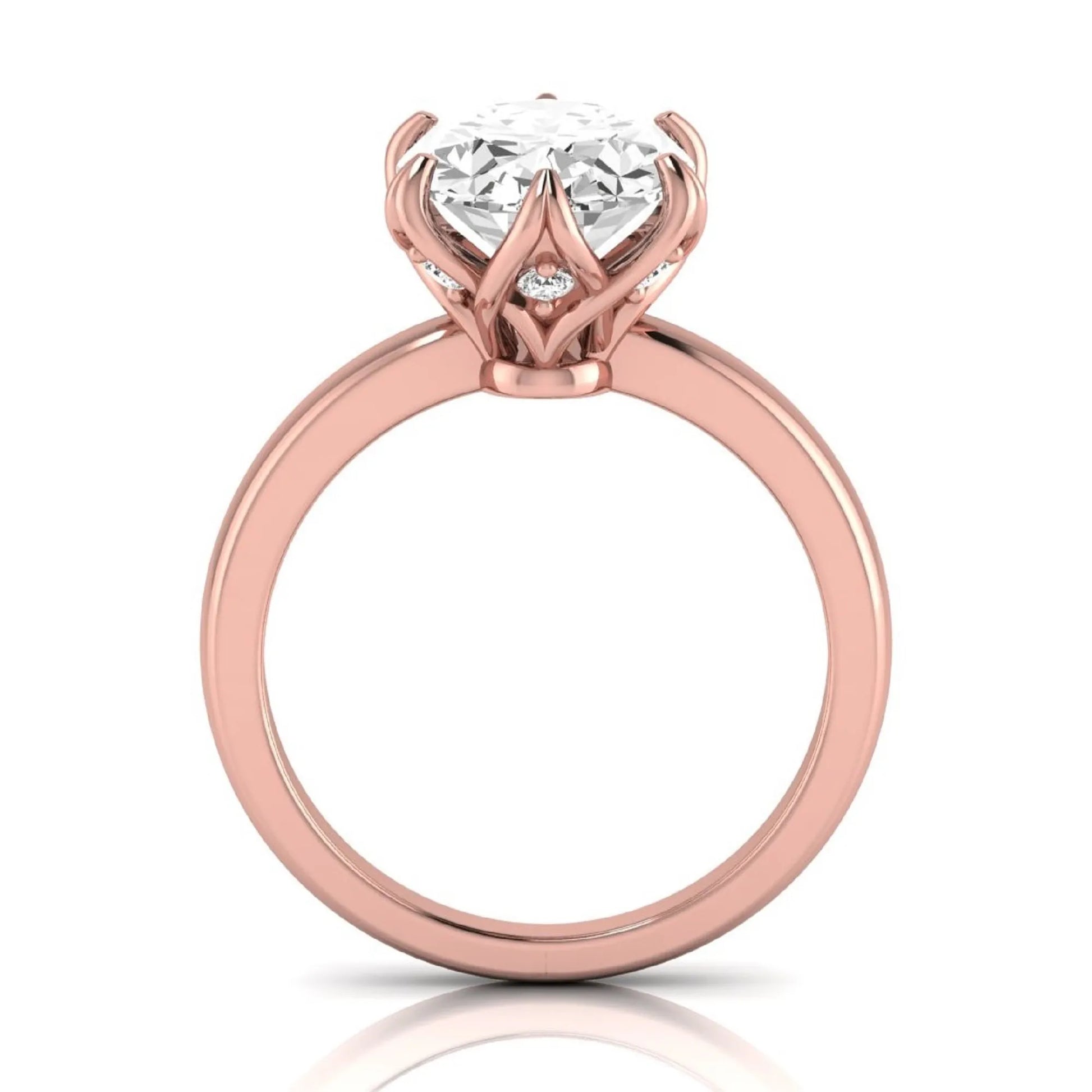 Oval six prong lab grown diamond solitaire engagement ring featuring a 2.54 carat oval center diamond with hidden round accent diamonds beneath the gallery.