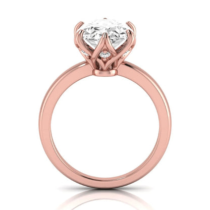Oval six prong lab grown diamond solitaire engagement ring featuring a 2.54 carat oval center diamond with hidden round accent diamonds beneath the gallery.