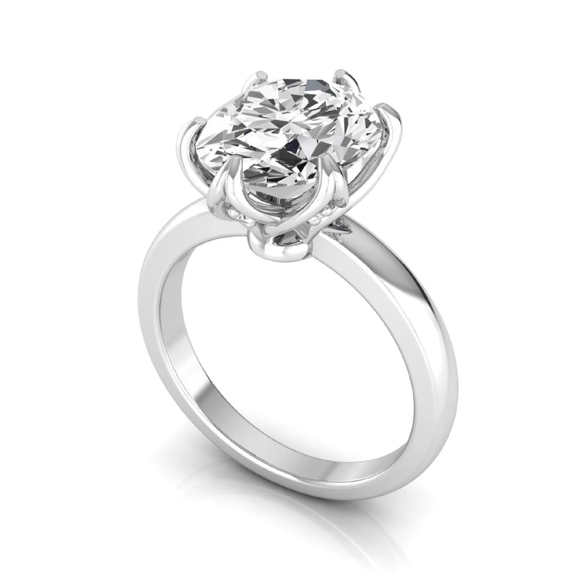 Oval six prong lab grown diamond solitaire engagement ring featuring a 2.54 carat oval center diamond with hidden round accent diamonds beneath the gallery.