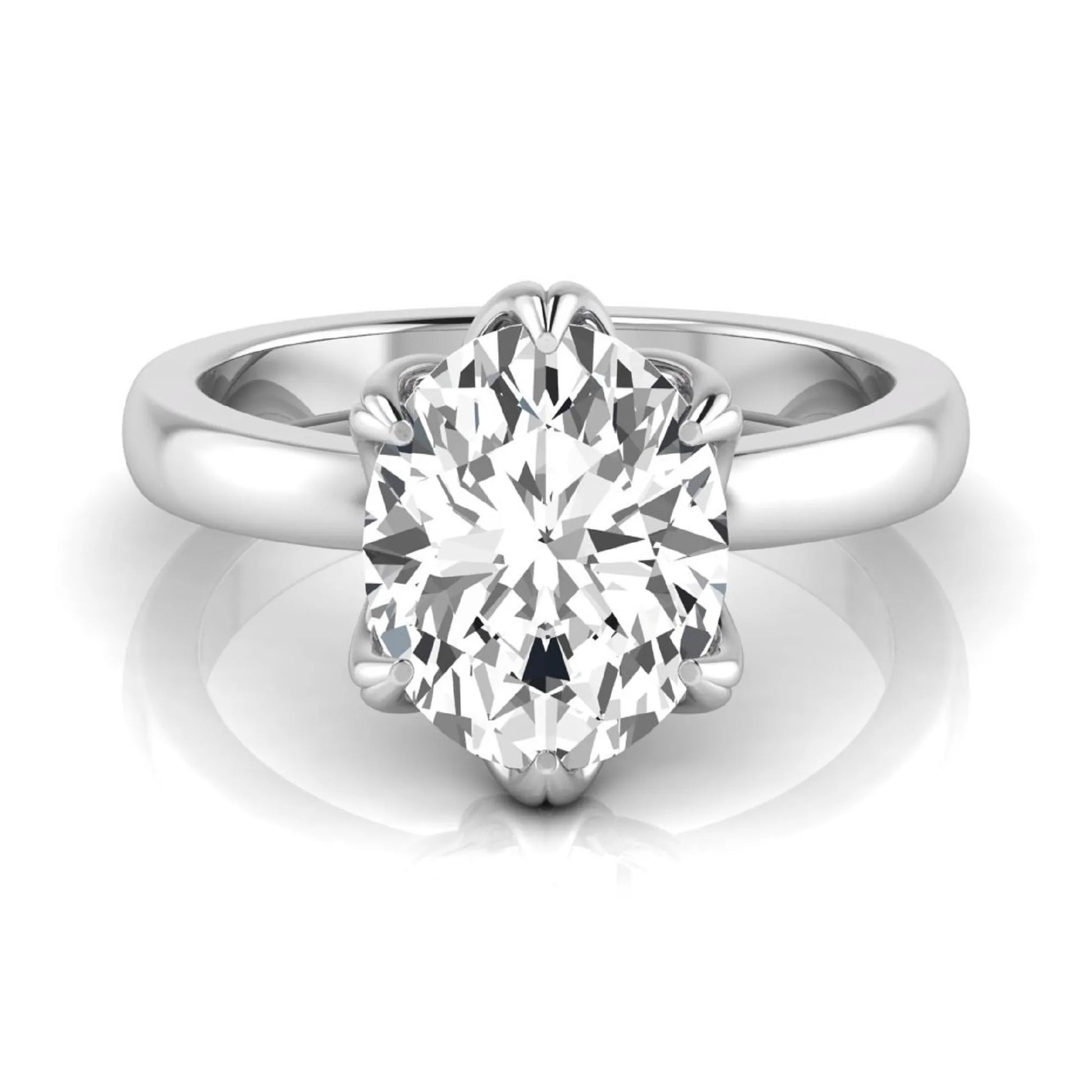 Oval six prong lab grown diamond solitaire engagement ring featuring a 2.54 carat oval center diamond with hidden round accent diamonds beneath the gallery.