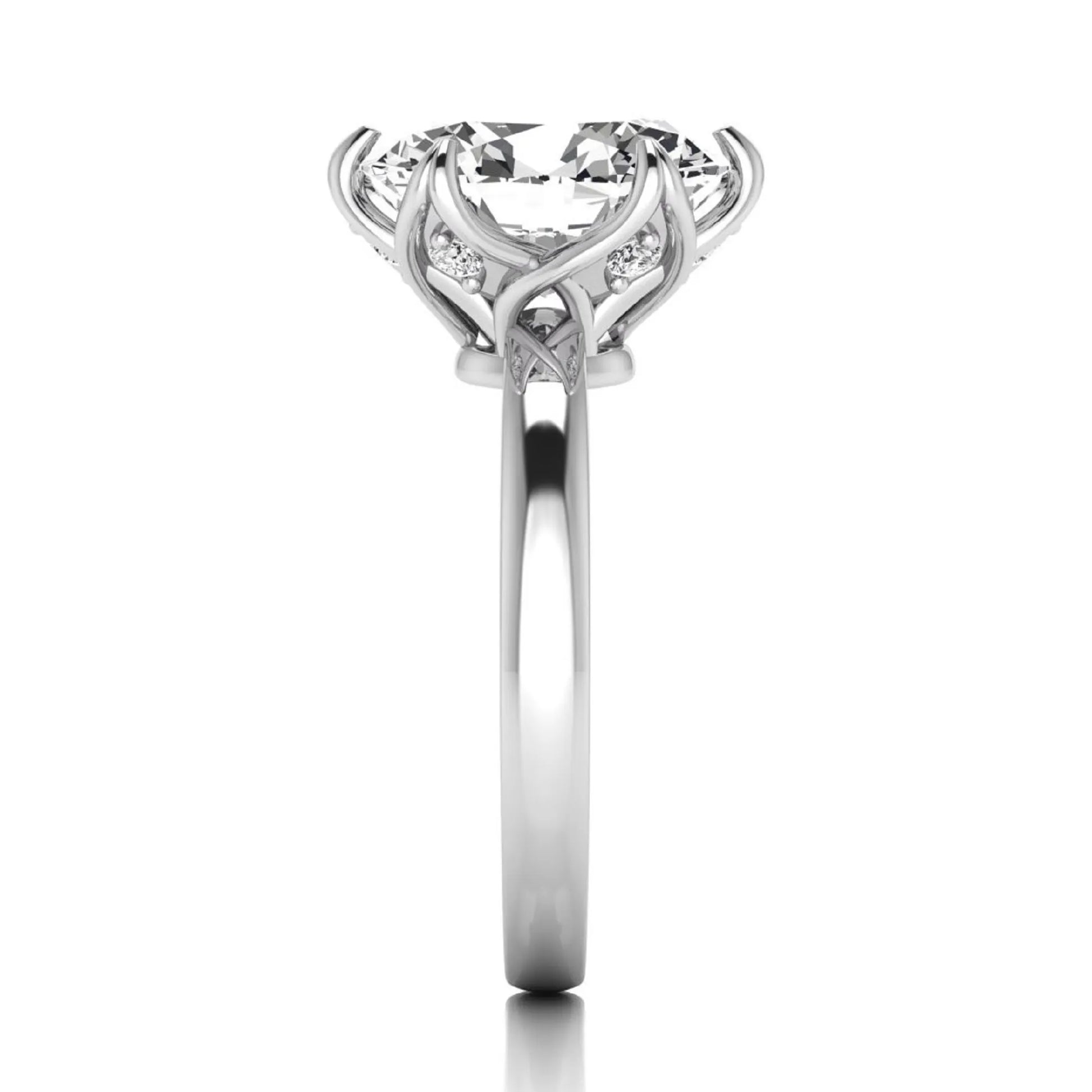 Oval six prong lab grown diamond solitaire engagement ring featuring a 2.54 carat oval center diamond with hidden round accent diamonds beneath the gallery.