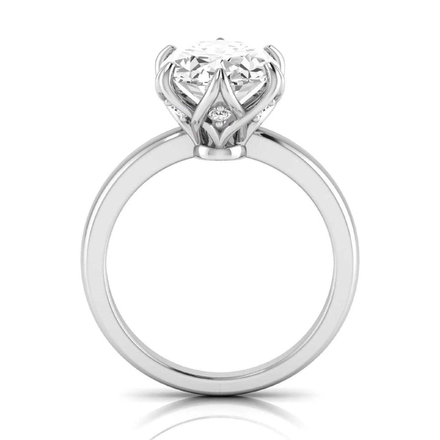 Oval six prong lab grown diamond solitaire engagement ring featuring a 2.54 carat oval center diamond with hidden round accent diamonds beneath the gallery.
