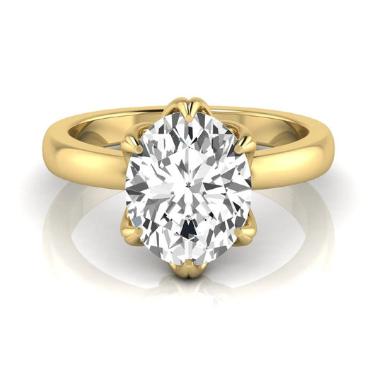 Oval six prong lab grown diamond solitaire engagement ring featuring a 2.54 carat oval center diamond with hidden round accent diamonds beneath the gallery.