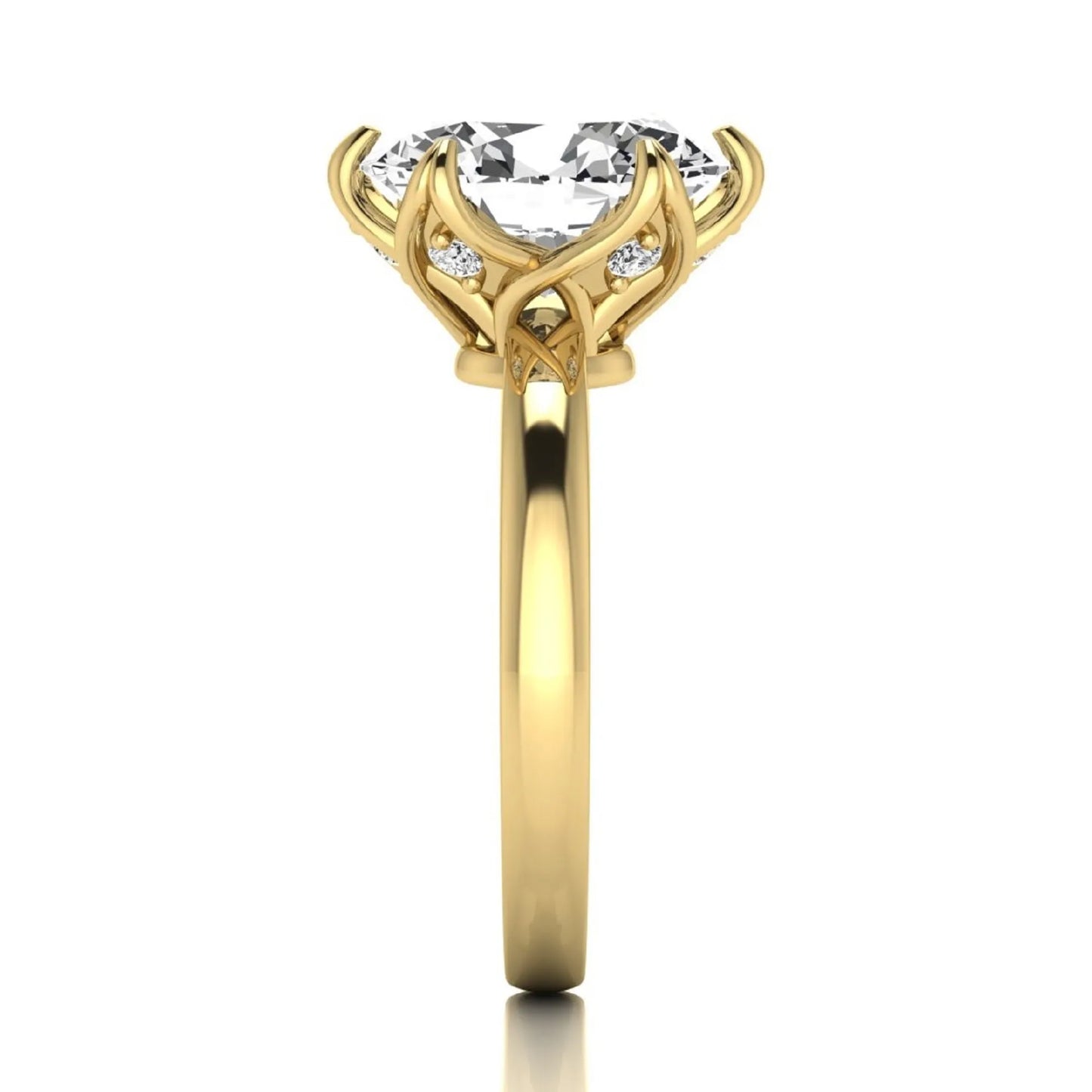 Oval six prong lab grown diamond solitaire engagement ring featuring a 2.54 carat oval center diamond with hidden round accent diamonds beneath the gallery.